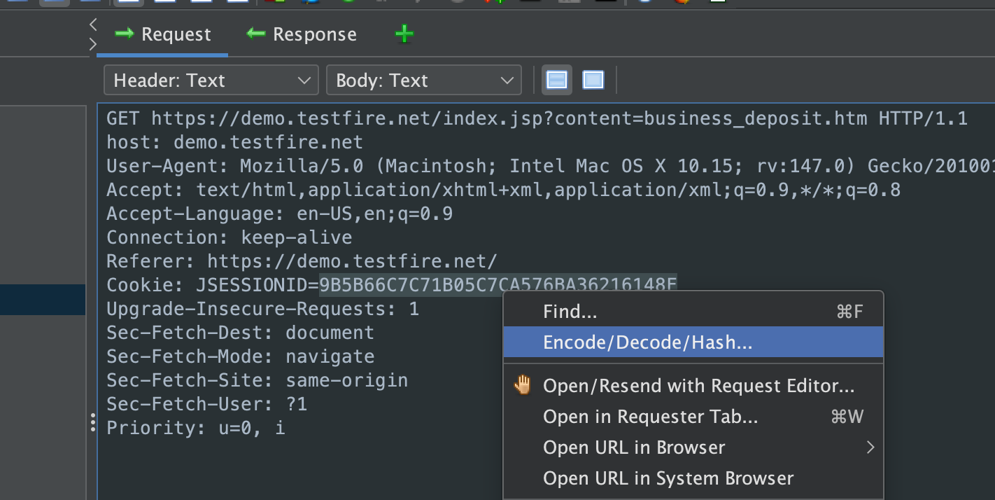 Screenshot depicting a text highlight and ZAP’s context menu