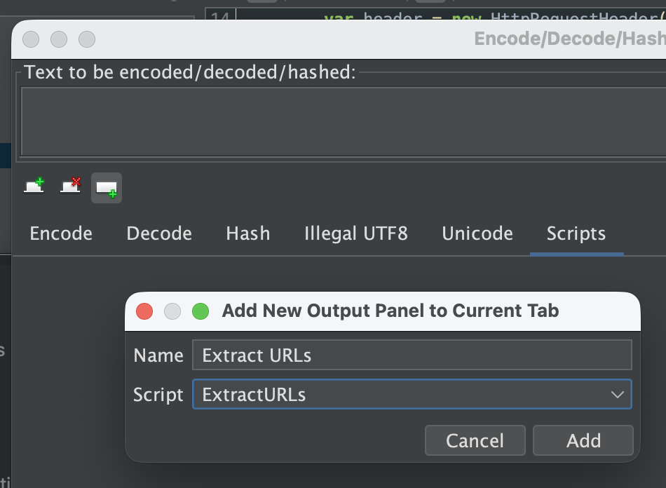Encode/Decode/Hash dialog with extracted URLs visible