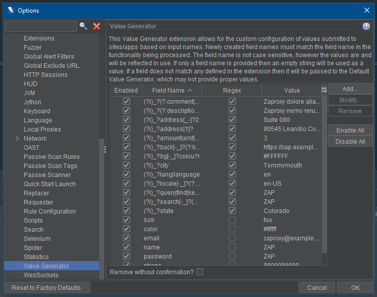 A screenshot of the Value Generator&rsquo;s main table